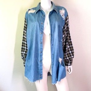 Furst Of A Kind Denim Chambray Plaid Flannel Button Down Shirt Oversized Grunge
